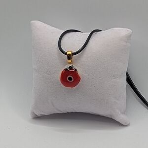 Artisan Handmade Red evil eye drop pendant necklace on black faux leather chain